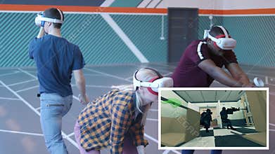 Virtual reality video game concept. People are playing a VR shooting game