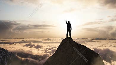 Magical Fantasy Adventure Composite of Man Hiking on top of a rocky mountain