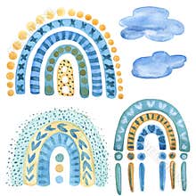 Blue and Yellow rainbow Watercolor Clipart. Boho style hand-drawn art decor. Baby boy shower party design. Set