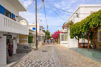 Street with traditional Greek architecture in Antiparos island, Cyclades, Greece
