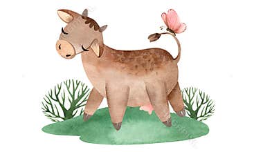 Watercolor set collection of farm houses and pets