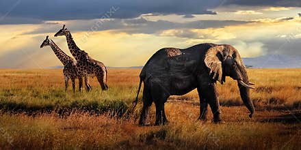 African huge elephants and giraffes  in the Serengeti National Park. Tanzania. African safari