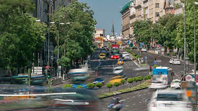 View Gran Via traffic timelapse, one of the main streets and most famous landmarks of the city in Madrid, Spain
