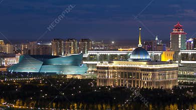 Akorda - residence President Republic of Kazakhstan and Central Concert Hall at night timelapse