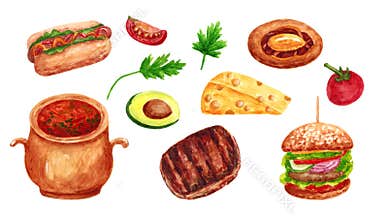 Hot dog and burger, delicious food in a set of watercolor illustrations.