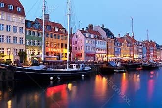Evening scenery of Nyhavn in Copenhagen, Denmark