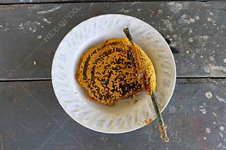 Drops of honey dripping from a hexagonal honeycomb filled with golden nectar. Honeycombs summer elements