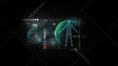 Panel of the gadget of the future with data about a person, on alpha channel.