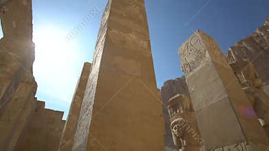 Hathor god on architecture columns ruins in hatshepsut temple Luxor Egypt
