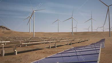 Pan over solar panels and wind farm