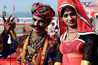Rajasthani couple dressed up in traditional costume.