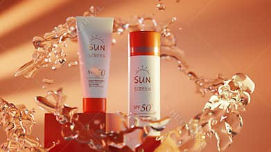 UV protection spf 50 sunscreen bottle on podium, beauty skin care cosmetic white tube with orange cap on block, cream or