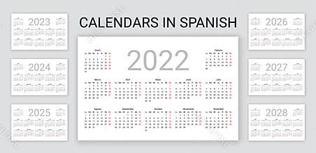 Spanish Calendar 2022, 2023, 2024, 2025, 2026, 2027, 2028 years. Simple pocket template. Vector illustration