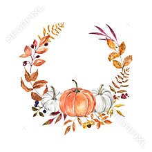 Beautiful autumn wreath with watercolor pumpkins, fall leaves, colorful foliage, berries. Holiday decorative frame