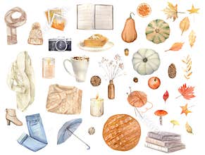 watercolor autumn design elements, fall, holiday clip art isolated on white background.