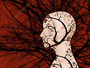 Artwork illustration of female head silhoette with tree branches double exposure effect