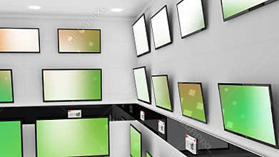 Animation of rows of television sets with glowing pattern on green screens in store