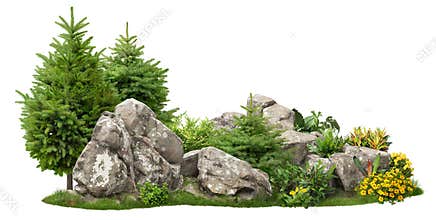 Cutout stones surrounded by pine trees