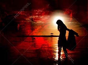 Girl with Sun in Hair on Red