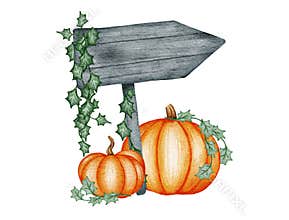 Halloween card design, give thanks handwritten text, wooden banner, board, pumpkins, flowers, farm harvest, watercolor