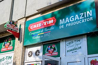 Bucharest, Romania - 6 June 2021: Entry sign with logo for a large Cris Tim supermarket