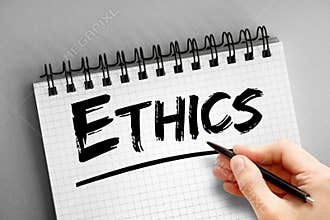 Ethics text on notepad, concept background