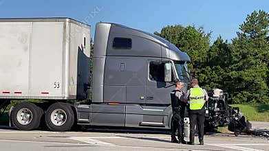 A semi truck collision with a pickup close ups of both vehicles