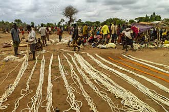 Sale of handmade ropes in a rural market in Ethiopia.