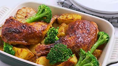 Baked chicken legs with potatoes, broccoli and garlic in baking dish, dark background.