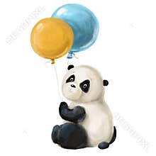 cute little panda with balloons, children's illustration with cartoon character, holiday watercolor clipart