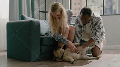 Black husband and blonde wife caress small white dog