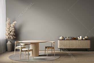 Gray interior with dining table, dresser and decor.