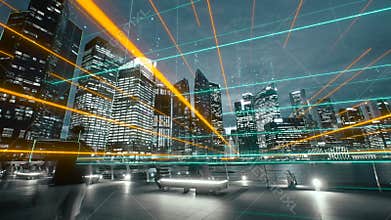 Modern city with abstract futuristic network connections