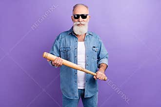 Photo of aged man happy positive smile hold baseball bat wear sunglass isolated over purple color background