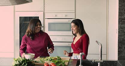 Cheerful senior Indian mum and daughter dancing at kitchen table