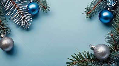 Christmas border composition on blue background with copy space