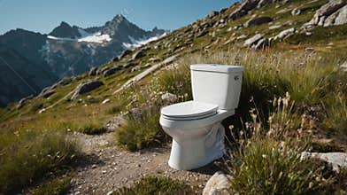 White toilet standing in the mountain meadow with a view on snow capped mountain peaks