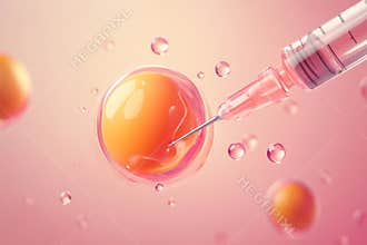 Illustration of a syringe during the fertilization process as it pierces an egg in a laboratory setting