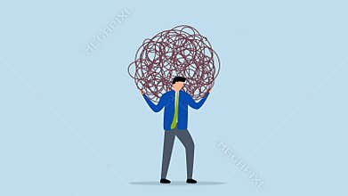Stress burden, 4k animation of tired exhausted businessman carrying heavy tangled rope on his back.