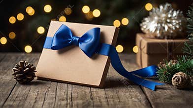 Elegant christmas gift box wrapped in kraft paper lying on wooden surface with blue ribbon