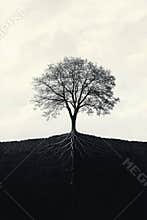 A solitary tree with an intricate root system on a contrasting background at sunset