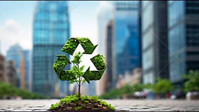 Recycling symbol tree growing in urban environment