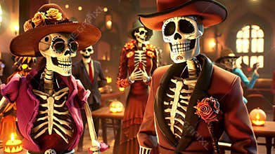 Festive skulls in suits celebrating day of the dead with music and dance