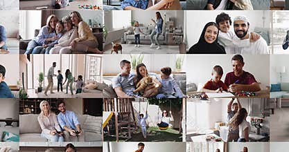 Zoom-in collage view different families spending time together