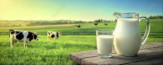 Glass of milk and milk jug on wooden table against the background of farm field where cows are grazing, copy space