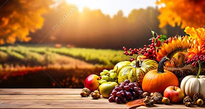 Thanksgiving and fall concept.fall harvest scene with fruits and pumpkins on rustic wooden table, blur background