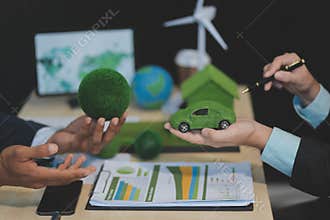 Green energy business company meeting with business people planning and discuss marketing of sustainable and renewable clean