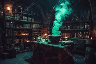 Dark witchs room with books and potion bottles. Bubbling cauldron emitting green smoke