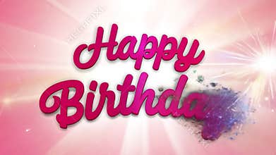 Pink 3d text saying happy floating above a pink and white background with sparkles and a pink letter b coming up from