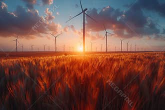 Silhouetted wind turbines at sunset a scenic view of sustainable energy generation landscape